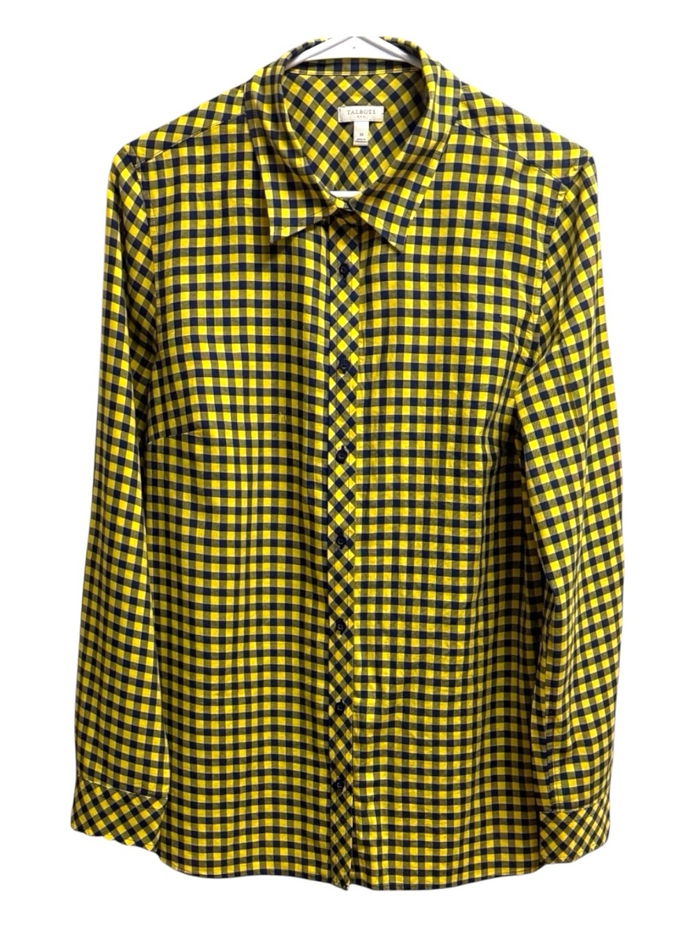 Talbots Classic Cotton Gingham Button Down Shirt Medium Yellow Navy Blue